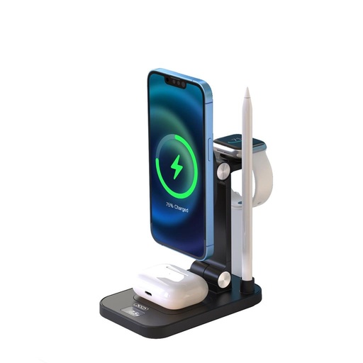 XO TK23 digitalni sa zaslonom magnetski 4 az 1-ben punjač (Crna) – 15W za telefon, 5W za slušalice, 2.5W za pametni sat, 2W kapacitivni