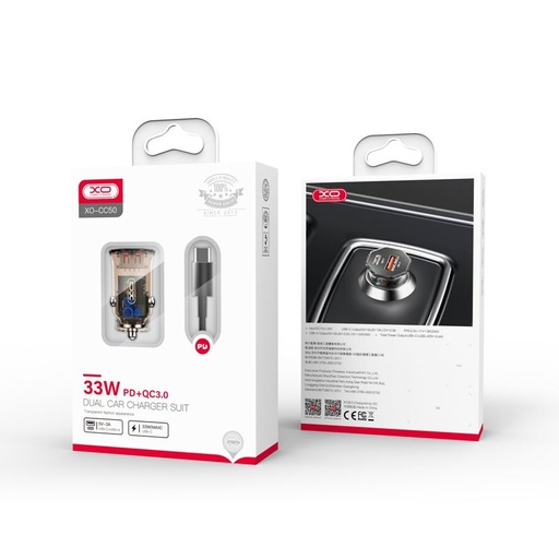 XO CC50 auto brzi punjač, PD & QC priključak + type-c kabel, proziran/smeđa