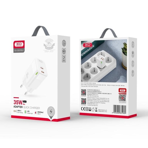 XO CE07 PD max. 35W brzi punjač (Bijela) – GaN tehnologija, 2× USB-C, LED sa zaslonom