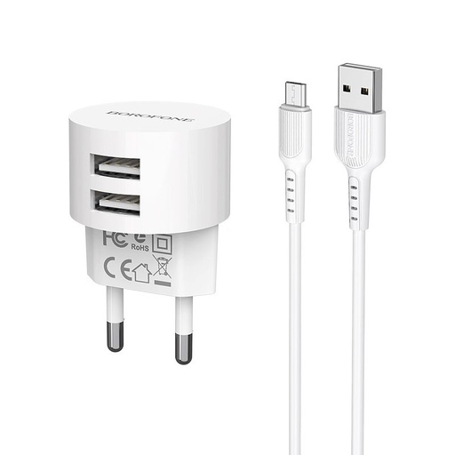 Borofone BA23A mrežni punjač (2 USB port, microUSB kabel), 5V 2,4A, bijela