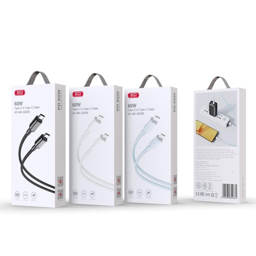 XO NB-Q250B USB-C–USB-C podatkovni kabel (Crna) – 60W, sjajan PVC obloga