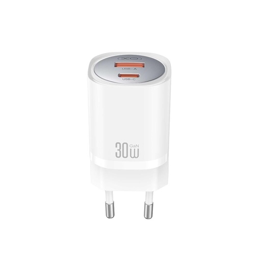 XO CE21 30W GaN brzi punjač (Bijela) – PD 30W, USB-C + USB-A priključak, Lightning s kabelom