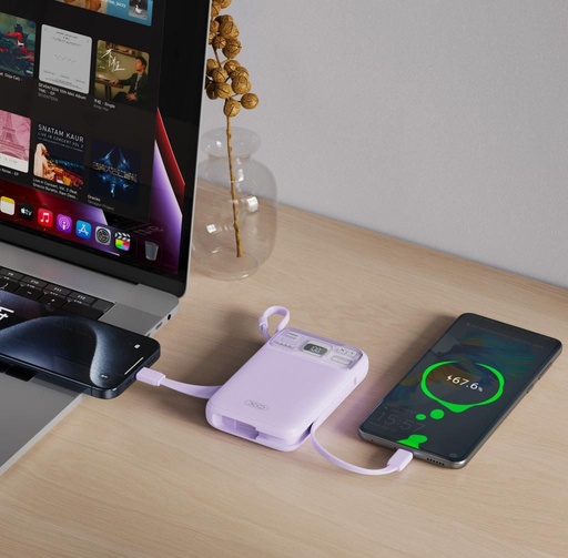 XO PR243 power bank 10000 mAh (Ljubičasta) – brzo punjenje 22.5W, digitalni zaslon, USB-C i Lightning kabel
