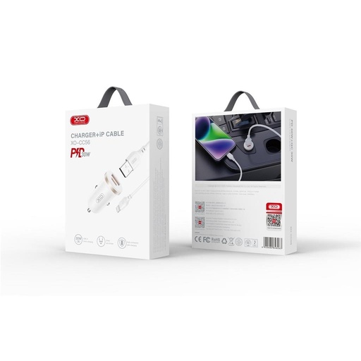 XO CC56 auto brzi punjač, PD & QC priključak + lightning kabel 30W (Bijela)
