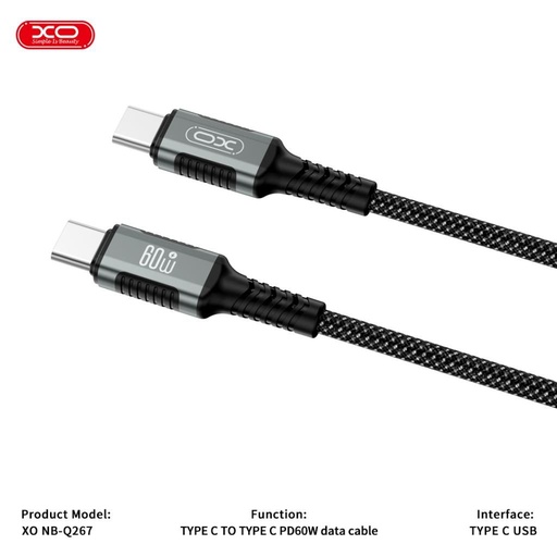 XO NB-Q267 magnetski USB-C–USB-C podatkovni kabel (Crna) – 1 m, pleten izvedba, 60W