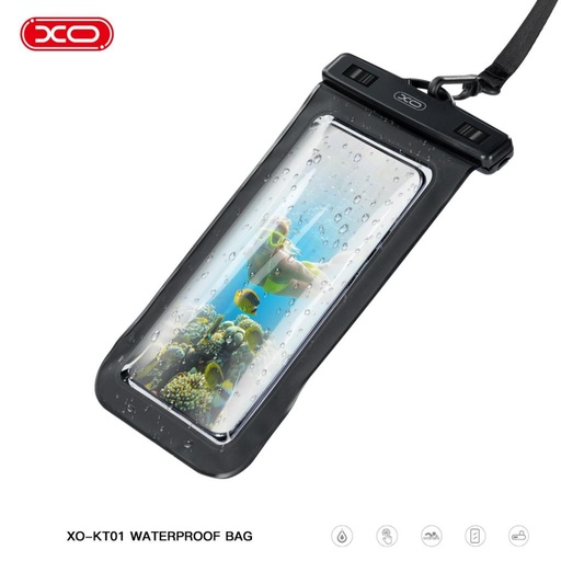 XO KT01 PVC vodootporan futrola za telefon preklopni ablakkal i s trakom oko vrata (Crna)