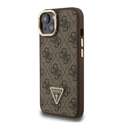Apple iPhone 15 Guess PU 4G Strass Triangle Logo Stand Camera Frame MagSafe futrola (Smeđa) - GUHMP15SPCS4GPTW