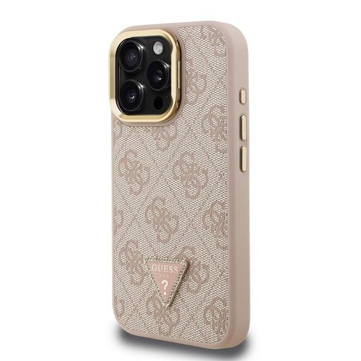 Apple iPhone 15 Pro Guess PU 4G Strass Triangle Logo Stand Camera Frame MagSafe futrola (Ružičasta) - GUHMP15LPCS4GPTP