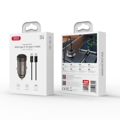 XO CC70 auto punjač PD 30W 1×USB-C + USB-C – USB-C kabel (Crna)