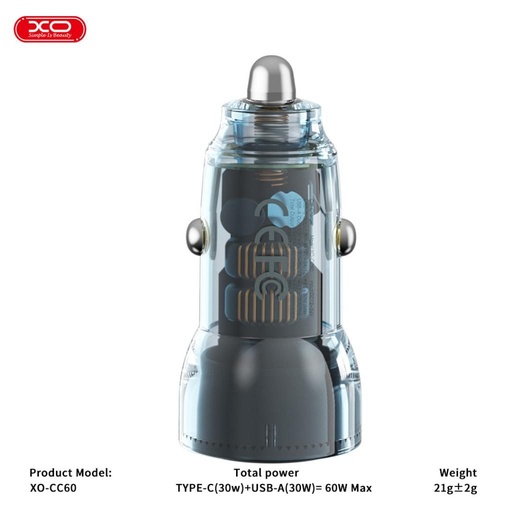 XO CC60 auto punjač 60W 1×USB + 1×USB-C (Plava)