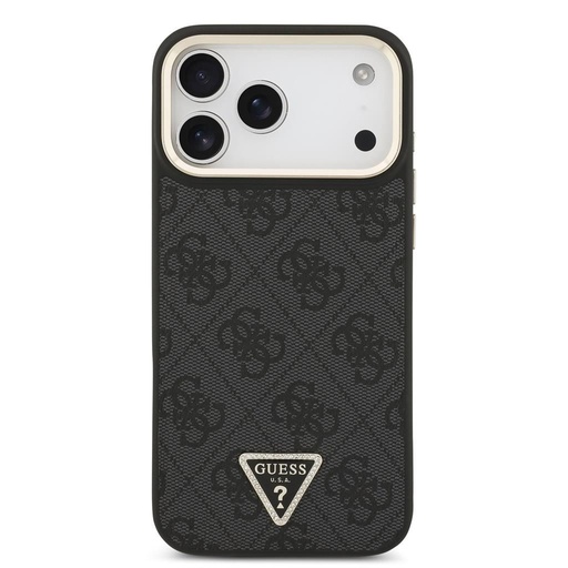 Guess PU Leather 4G Strass Triangle Logo Zlatna Frame MagSafe futrola iPhone 17 Pro Max (Crna)