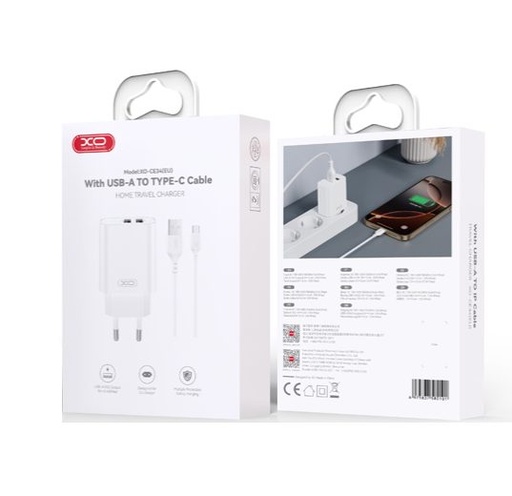 XO CE34(EU) mrežni punjač + Type-C kabel (Bijela) - 2.4A, Dual USB-A, NB103 set