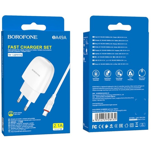 Borofone BA49A mrežni punjač (lightning kabel), 5V 2,1A, bijela