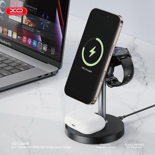 XO CX038 3-in-1 stolni bežični punjač (Crna) - 15W
