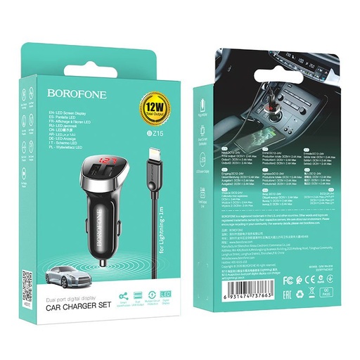 Borofone BZ15 auto punjač (2 USB port, lightning kabel), LED indikator stanja, 5V 2,4A, crna