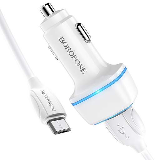 Borofone BZ14 auto punjač (2 USB port, microUSB kabel), 5V 2,4A, bijela