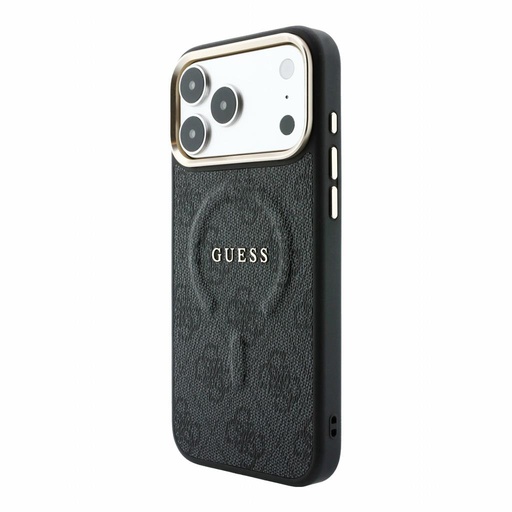 Apple iPhone 18 Pro Guess Leather 4G Zlatna Frame Embossed MagSafe koža zaštitna futrola (Crna) (GUHMP18LP4MSEGCK)