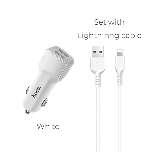 Hoco Z23 auto punjač (2 USB port, lightning kabel), 5V 2,4A, bijela