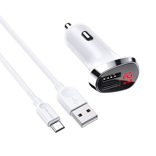 Borofone BZ15 auto punjač (2 USB port, microUSB kabel), LED indikator stanja, 5V 2,4A, bijela