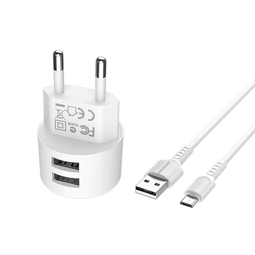 Borofone BA23A mrežni punjač (2 USB port, microUSB kabel), 5V 2,4A, bijela
