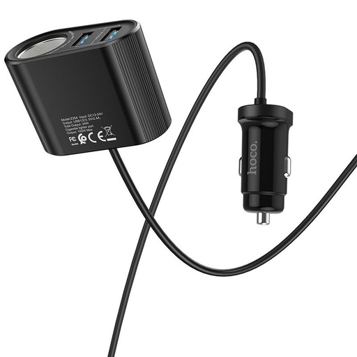 Hoco Z35A auto punjač (2 USB port, upaljač za automobil priključak), max. 24W, s produžnim kabelom, crna