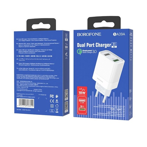 Borofone BA39A mrežni brzi punjač (2 USB port, microUSB kabel), QC 3.0, max. 18W, bijela