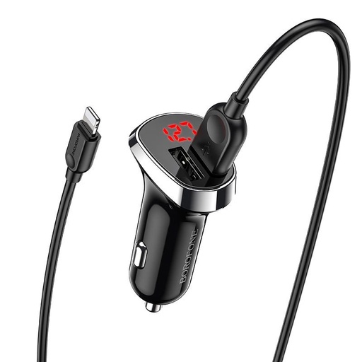 Borofone BZ15 auto punjač (2 USB port, lightning kabel), LED indikator stanja, 5V 2,4A, crna