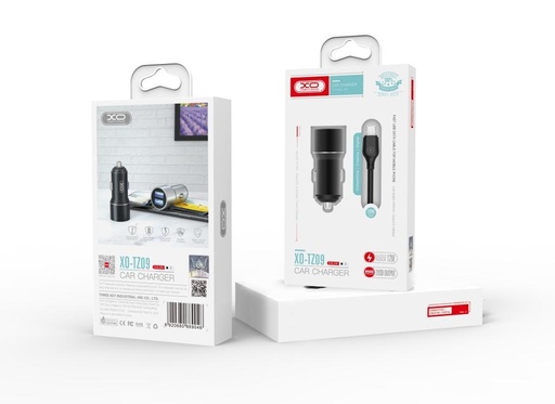 XO TZ09 auto punjač (Crna) – 2×USB, Lightning kabel, aluminij kućište, 12W