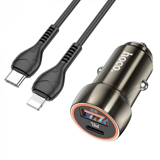 Hoco Z46A auto brzi punjač, PD & QC priključak + lightning kabel, siva