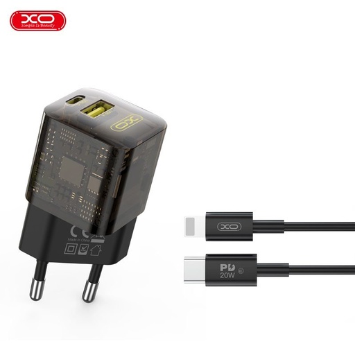 XO CE05 PD 30W brzi punjač (Smeđa) – PD 30W + QC 3.0 18W, USB-A + USB-C priključak, Lightning s kabelom