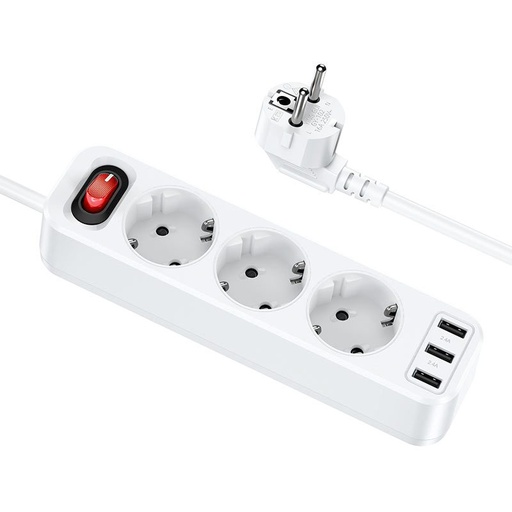 Hoco NS2 velik snage produžni kabel utičnica, 3 utičnica + 3 * USB 5V / 2.4A izlaz bijela