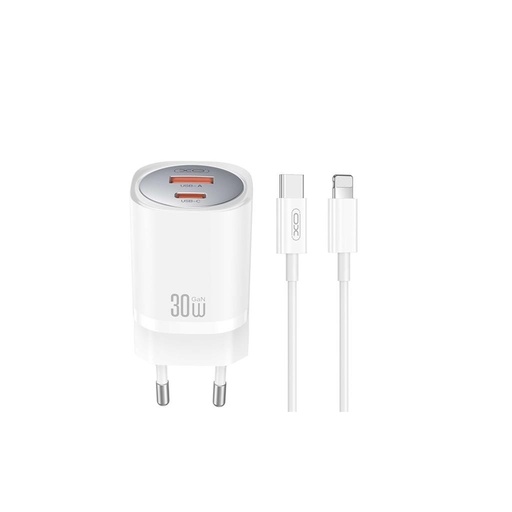 XO CE21 30W GaN brzi punjač (Bijela) – PD 30W, USB-C + USB-A priključak, Lightning s kabelom