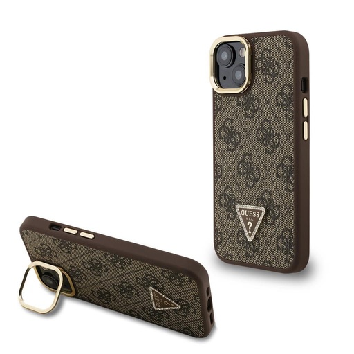 Apple iPhone 15 Guess PU 4G Strass Triangle Logo Stand Camera Frame MagSafe futrola (Smeđa) - GUHMP15SPCS4GPTW