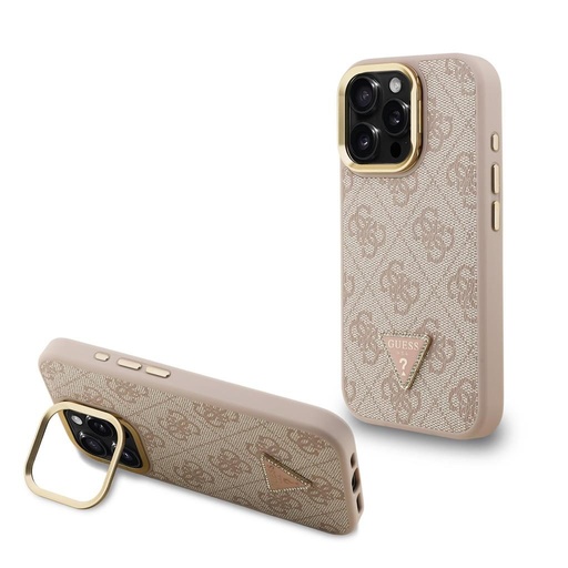 Apple iPhone 15 Pro Max Guess PU 4G Strass Triangle Logo Stand Camera Frame MagSafe futrola (Ružičasta) - GUHMP15XPCS4GPTP