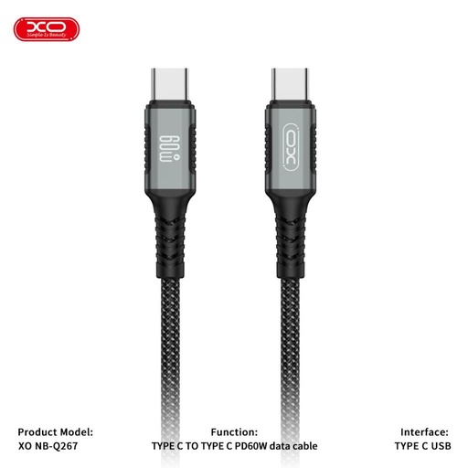 XO NB-Q267 magnetski USB-C–USB-C podatkovni kabel (Crna) – 1 m, pleten izvedba, 60W