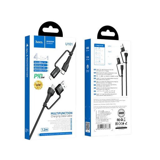 Hoco U101 podatkovni kabel 4 az 1-ben, USB-A - USB-C + USB-C - lightning, 4 az 1-ben, crna
