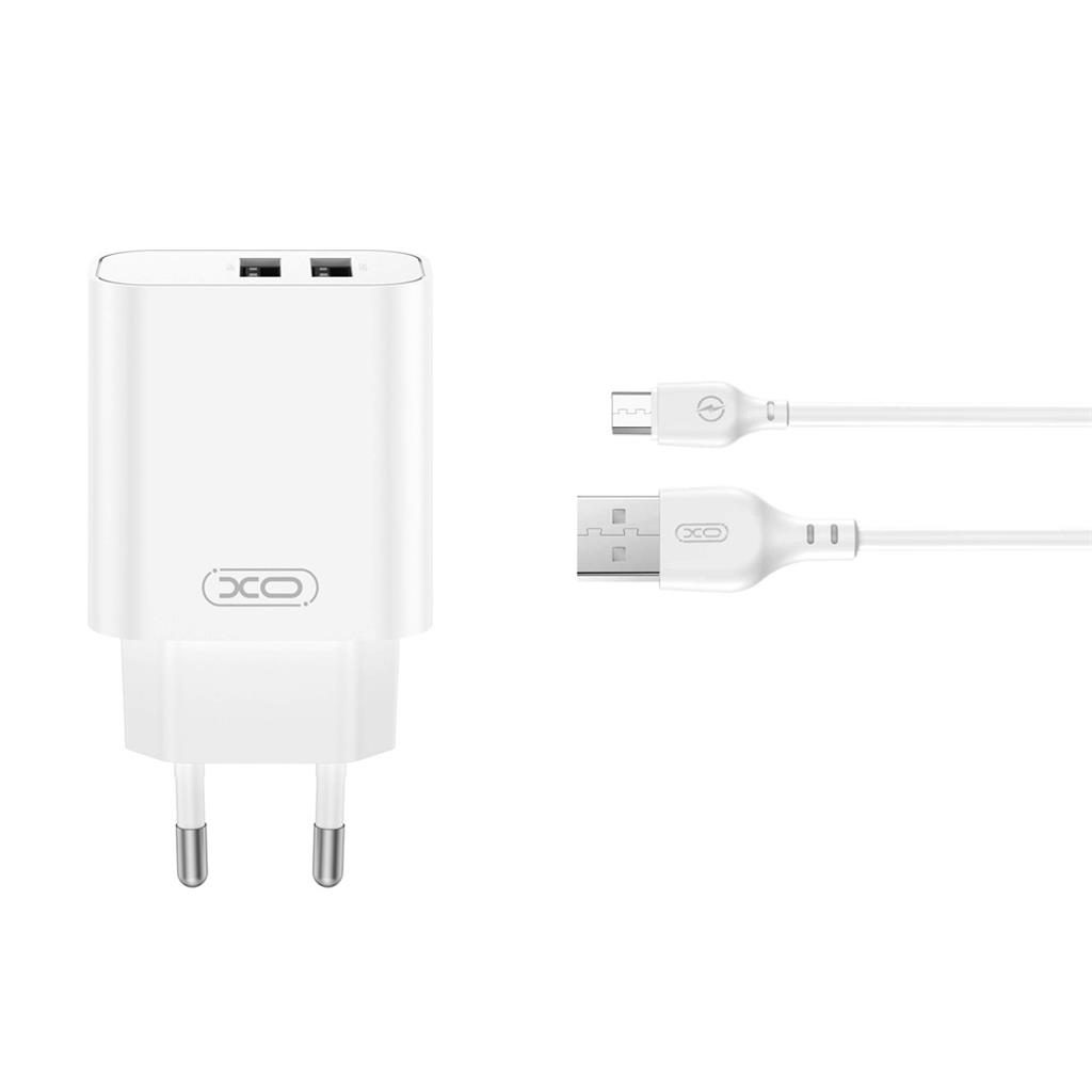 XO CE34(EU) hálózati töltő + Type-C kábel (Fehér) - 2.4A, Dual USB-A, NB103 szett