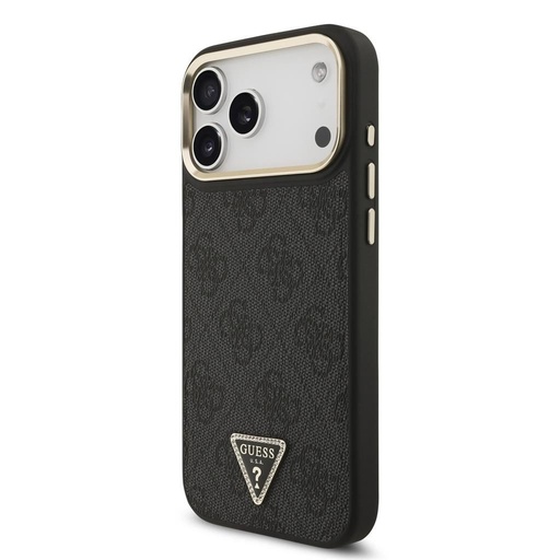 Guess PU Leather 4G Strass Triangle Logo Zlatna Frame MagSafe futrola iPhone 17 Pro Max (Crna)