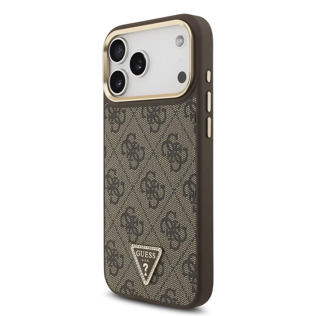 Guess PU Leather 4G Strass Triangle Logo Gold Frame MagSafe tok iPhone 17 Pro Max (Barna)