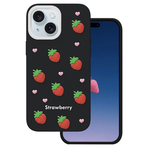 Apple iPhone 13 / iPhone 14 / iPhone 15 Strawberry zaštitna maskica (Crna)