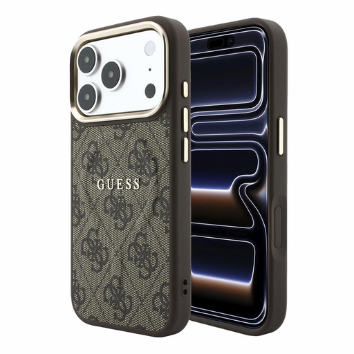Apple iPhone 18 Pro Max Guess Leather 4G Zlatna Frame Embossed MagSafe koža zaštitna futrola (Smeđa) (GUHMP18XP4MSEGCW)
