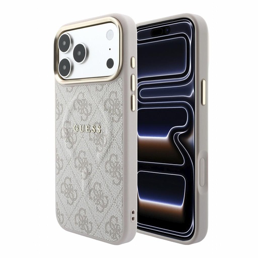 Apple iPhone 18 Pro Max Guess Leather 4G Zlatna Frame Embossed MagSafe koža zaštitna futrola (Ružičasta) (GUHMP18XP4MSEGCP)