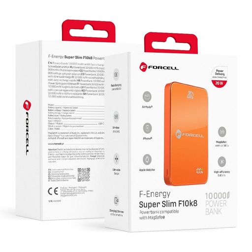 Forcell F-Energy SuperSlim F10K8 MagSafe 15W powerbank / powerbank (Narančasta) - 10000 mAh
