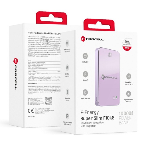 Forcell F-Energy SuperSlim F10K8 MagSafe 15W powerbank / powerbank (Ljubičasta) - 10000 mAh