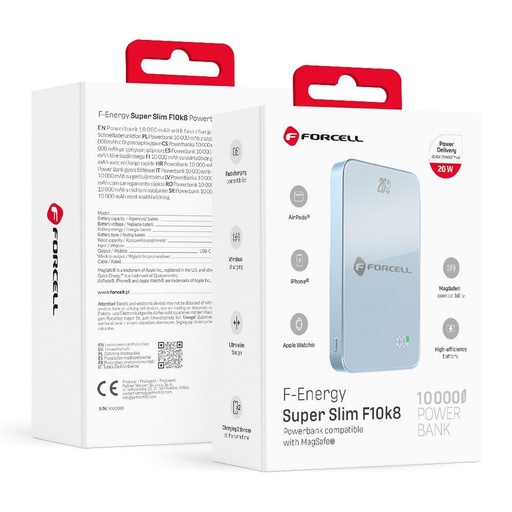 Forcell F-Energy SuperSlim F10K8 MagSafe 15W powerbank / powerbank (Plava) - 10000 mAh