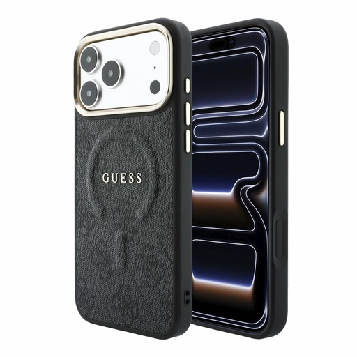 Apple iPhone 18 Pro Guess Leather 4G Zlatna Frame Embossed MagSafe koža zaštitna futrola (Crna) (GUHMP18LP4MSEGCK)