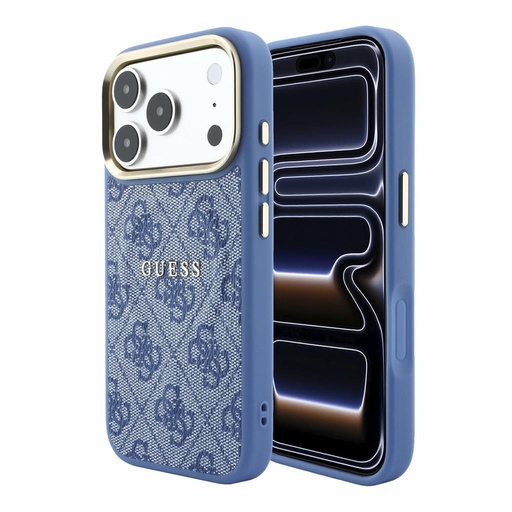 Apple iPhone 18 Pro Max Guess Leather 4G Zlatna Frame Embossed MagSafe koža zaštitna futrola (Plava) (GUHMP18XP4MSEGCB)