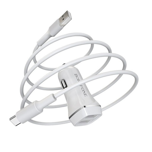 Borofone BZ2 auto punjač (2 USB, type-C kabel), 5V 2,4A, bijela