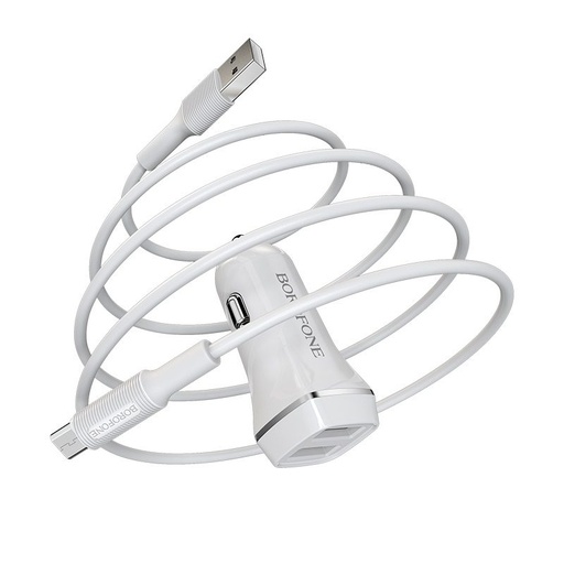Borofone BZ2 auto punjač (2 USB port, microUSB kabel), 5V 2,4A, bijela