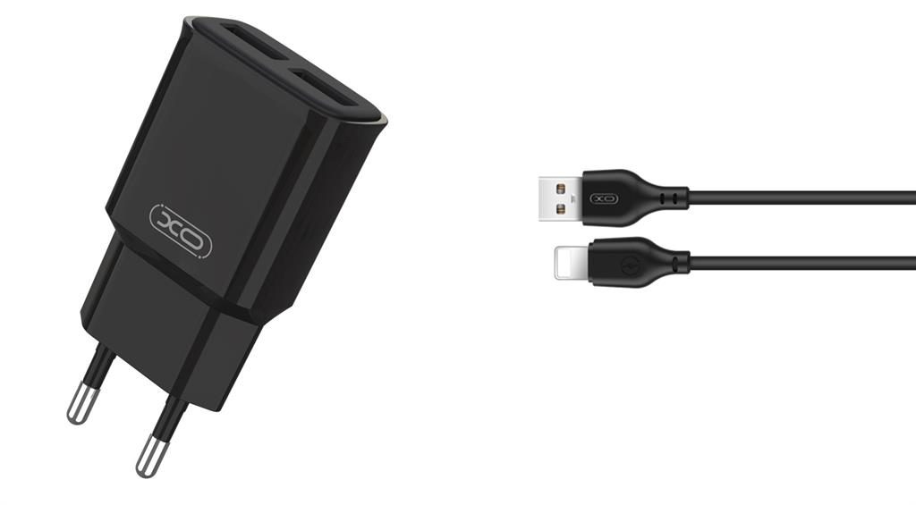 [6920680825523] XO L92C 2.4A charger (Black) – double USB connector, Lightning with cable
